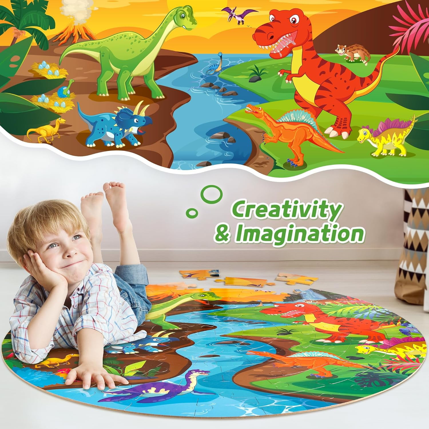 SYNARRY Dinosaur Floor Puzzle for Kids Age 3-8, 70-Piece Large Wooden Jigsaw Puzzle Set, FSC Certified Educational Puzzles