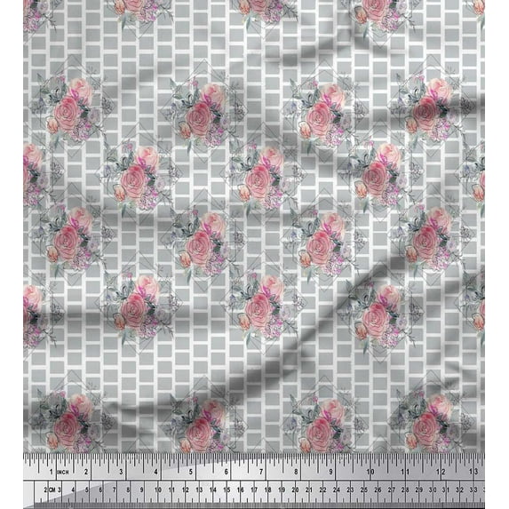 Soimoi Gray Cotton Voile Fabric Square & Rose Floral Printed Craft Fabric by the Yard 42 Inch Wide