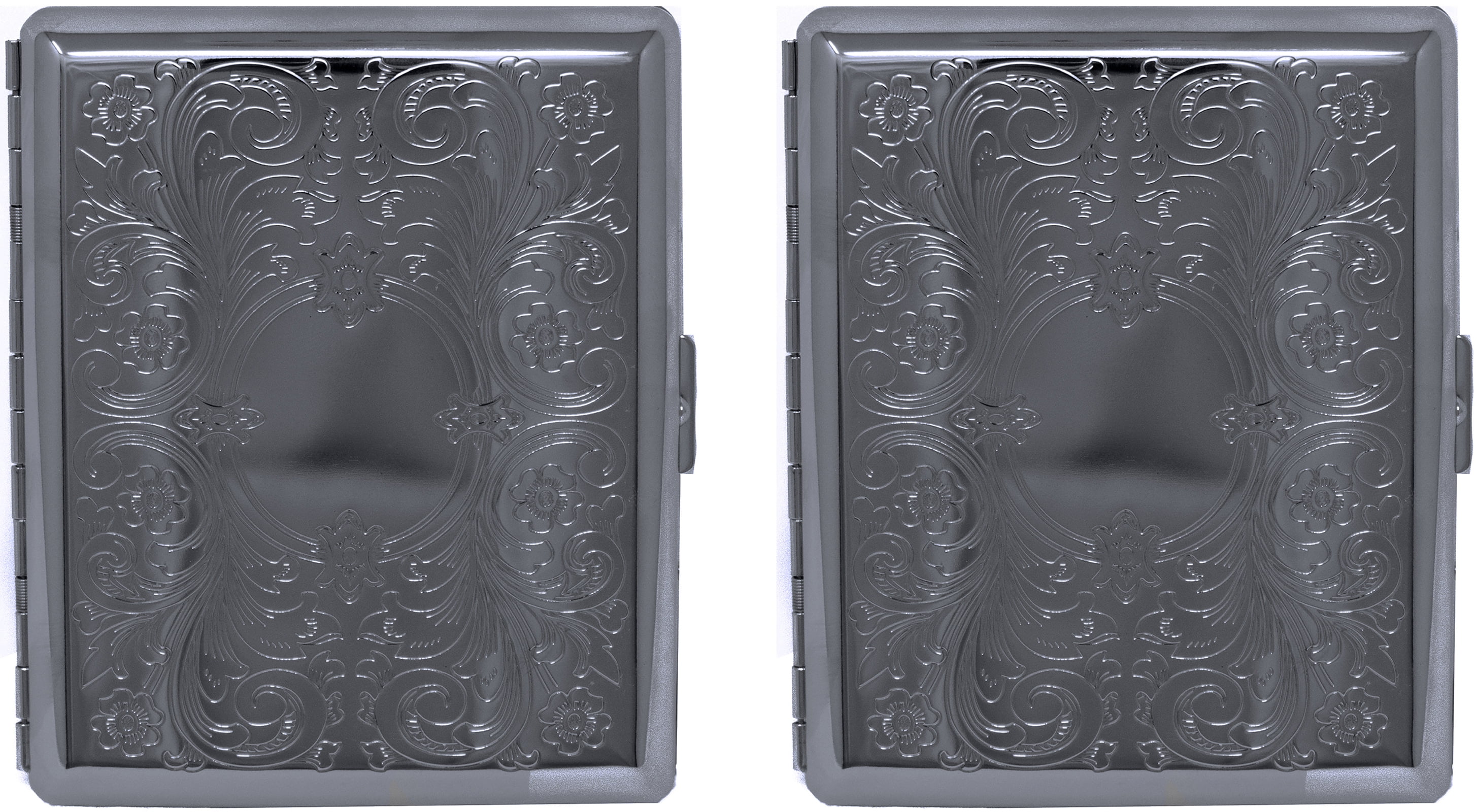 Set of 2 Metal-Plated 100s Cigarette Case & Stash Box (Black Victorian Scroll)
