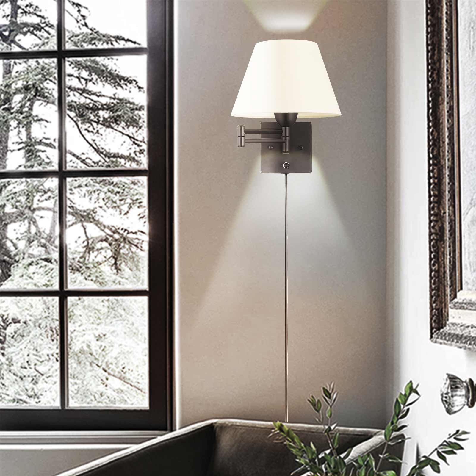 Swing Arm Wall Lamp Plug-in Cord Home Decorators Simplicity Wall Sconce, Ivory Fabric Shade, with On/Off Switch E26 Base 2-Light Bedroom Wall Lights Fixtures, Bedside Reading Lamp