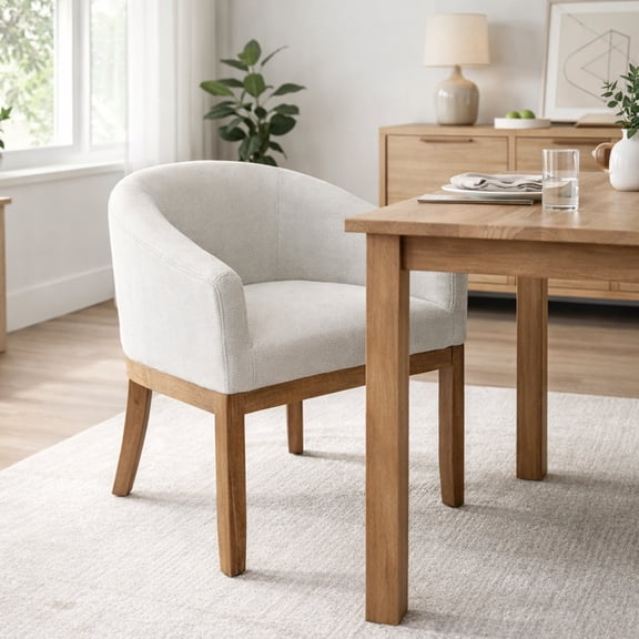 GOMYHOME Upholstered Barrel Dining Chair with Arms, Linen Seat and Rubberwood Frame, Beige