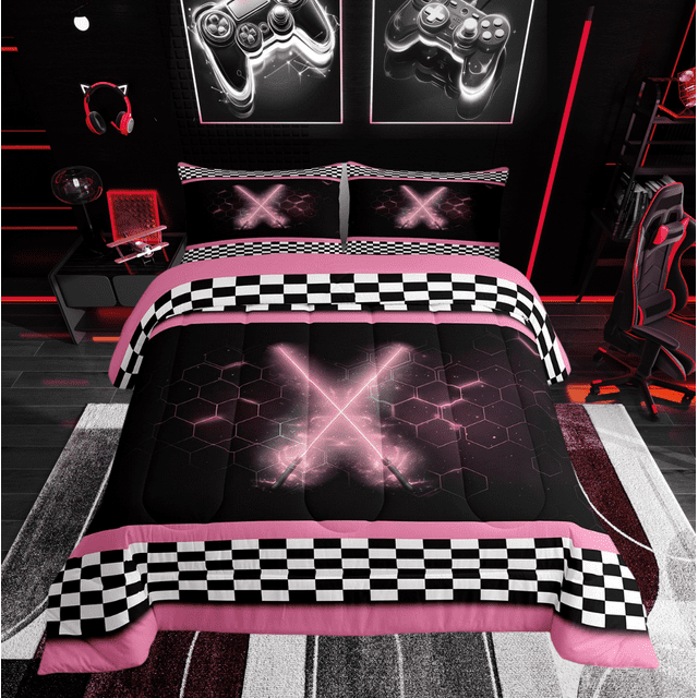 Erosebridal Cool Lightsaber Bedding Toddler Comforter Set, Honeycomb Down Comforter, Checkered Flag Decor, Reversible 2pcs