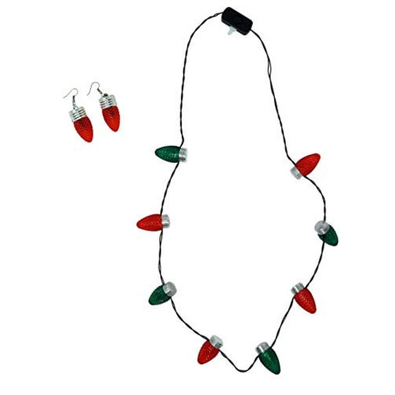 Holiday Light Necklace, Classic Bulb, Green and Red with Red Earrings