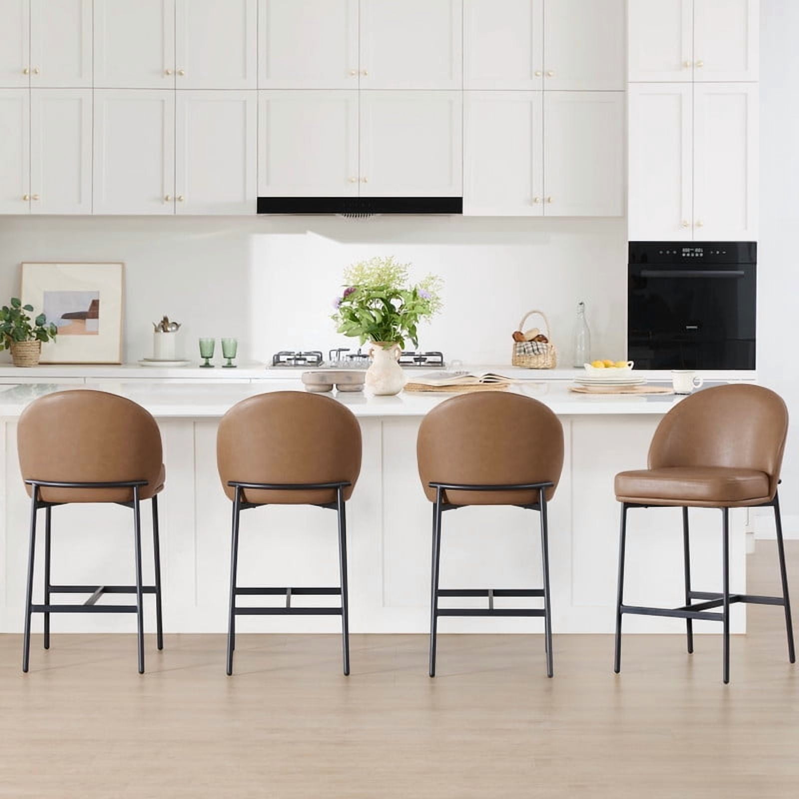 Spruce & Spring Modern Counter Bar Stool with Metal Arc Backrest and Upholstered Seat Set of 2, Saddle Brown with Black Legs