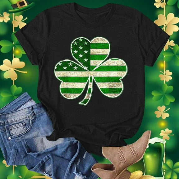 Babysbule Women's Fashion Saint Patrick Tops Summer Printed Round Neck Short Sleeves Casual Womens Tops
