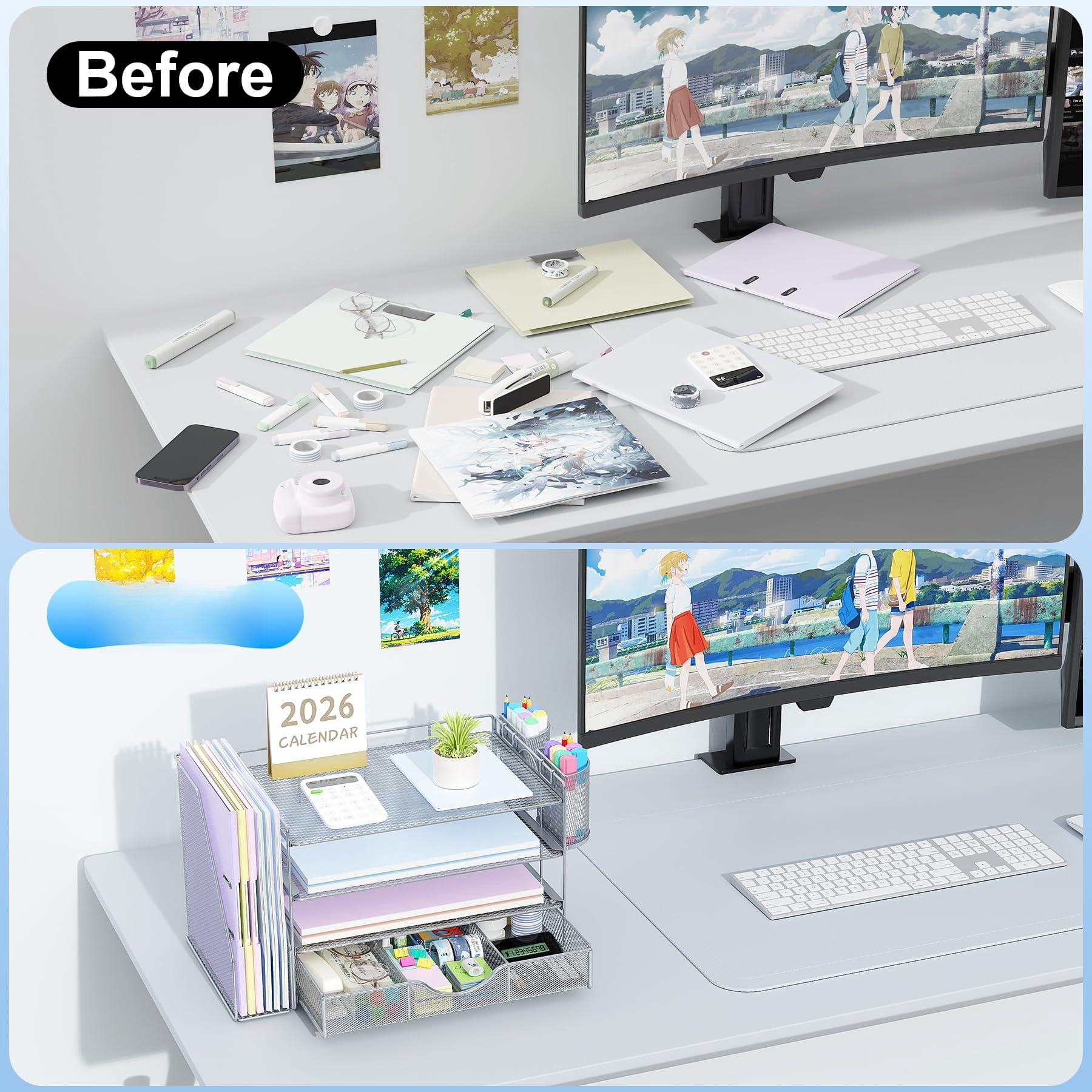 Desk Organizers And Accessories With File Holder  4-tier & Workspace Drawer 2 Pen Paper Organizer For Office Supplies (grey)