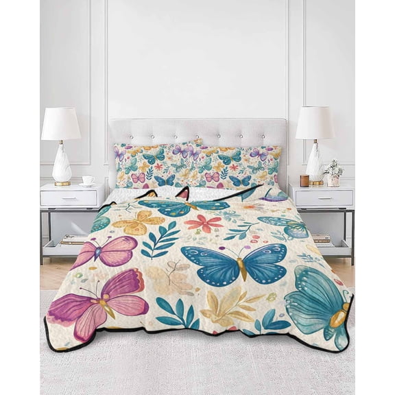 Quilts Queen Size, Spring Butterflies Soft Comforter Bedding Set for Bed, Summer Countryside Leaf Flowers Lightweight Quilted Bedspread with Pillow Cover(2 Pieces) for All Season, 90x96 Inch