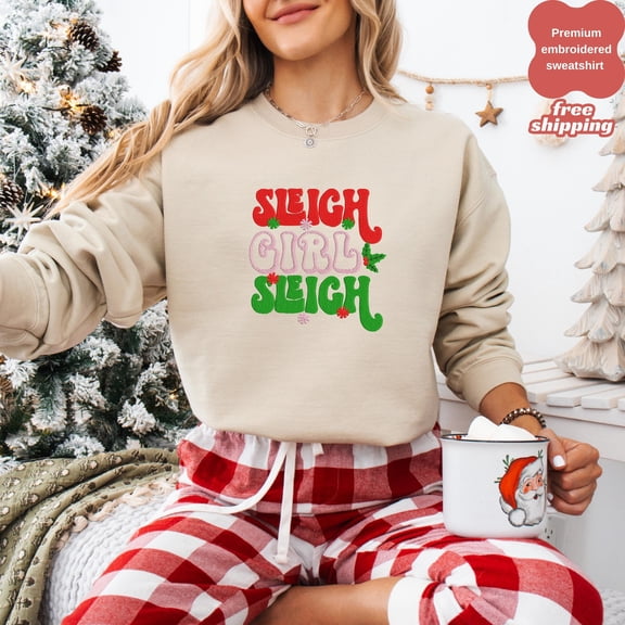 EMBROIDERED Gildan Hoodie, Sleigh Girl Sweatshirt, Winter Top, Christmas Gift for Her, Funny Christmas Sweatshirt, Cute Christmas Shirt