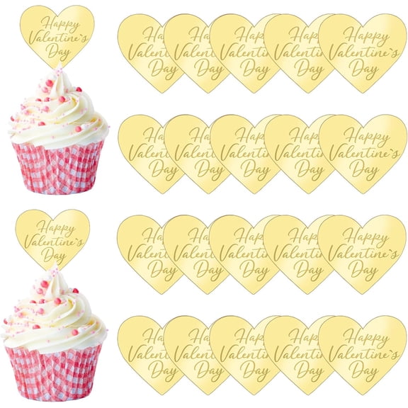 Valentine Cupcake Topper, 20Pcs Gold Reflective Heart-Shaped Cake Dics Acrylic Cake Toppers Mirror Cake Charms for Valentine's Day Party Decor