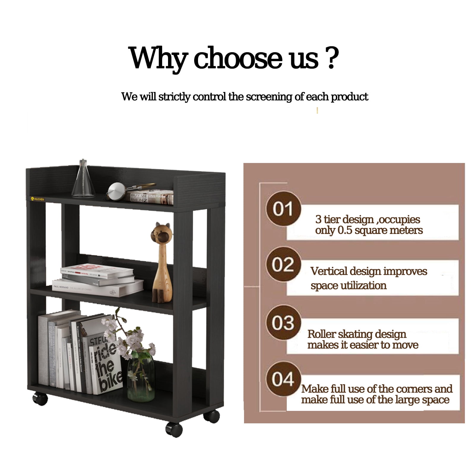 ALISENED 3 Tier Bookshelf and Bookcase with Wheels, Wood Small Nightstand, End Table Storage Rack