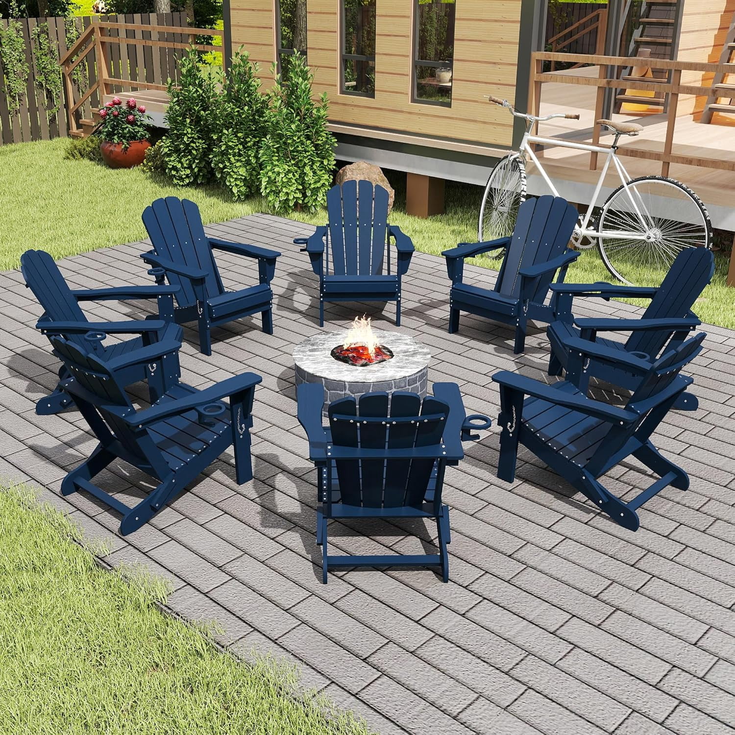 Domi Outdoor Living Folding Adirondack Chair Set of 8, All-Weather HDPE Patio Chair with Cup Holder, Weather-Resistant Fire Pit Seating for Backyard, Deck, Garden & Poolside, Blue