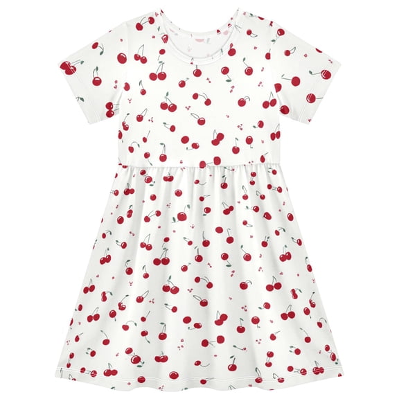 Style Cherry Short Sleeve Dress A-Line Cute Midi Casual Sundress 2-8 Years