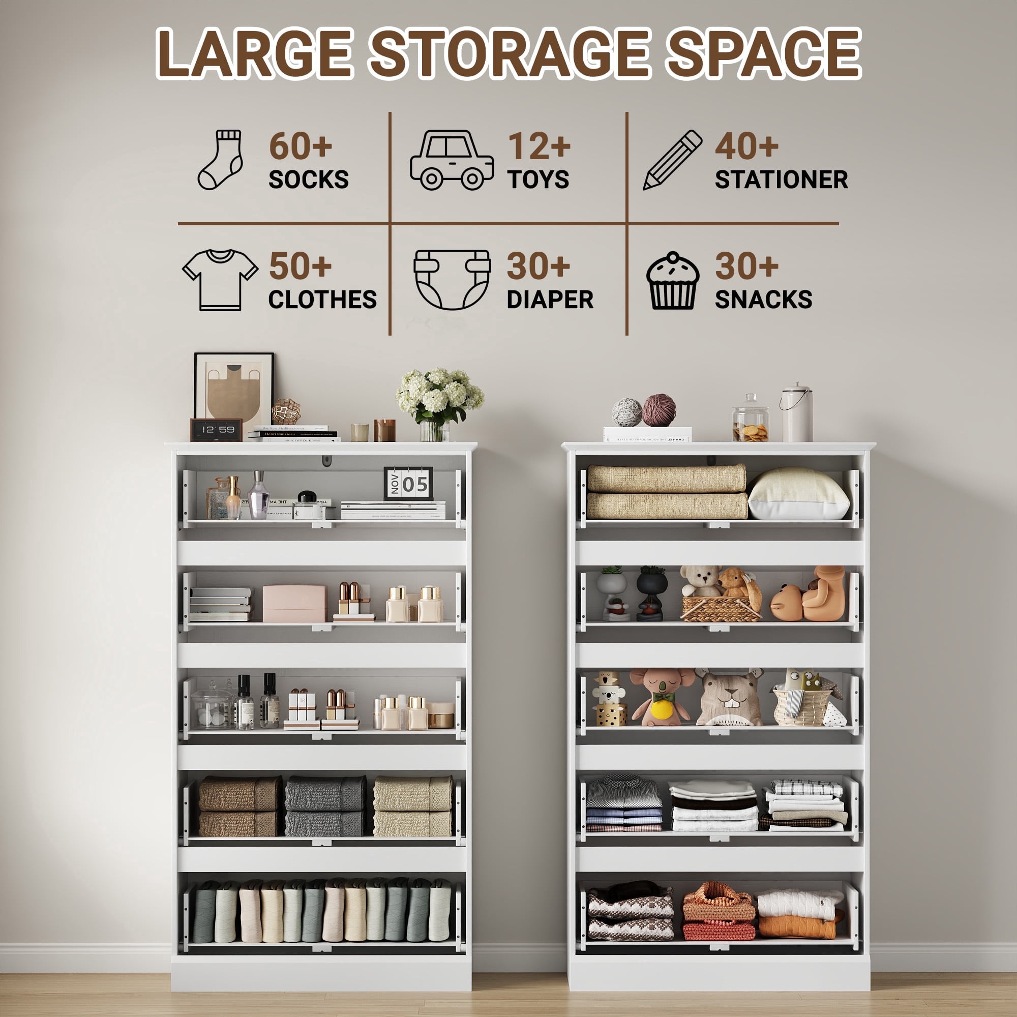 White 5 Drawers Dresser for Bedroom, Modern Chest of Drawers, Wood Storage Dresser with Deep Drawers for Living Room Hallway Entryway,