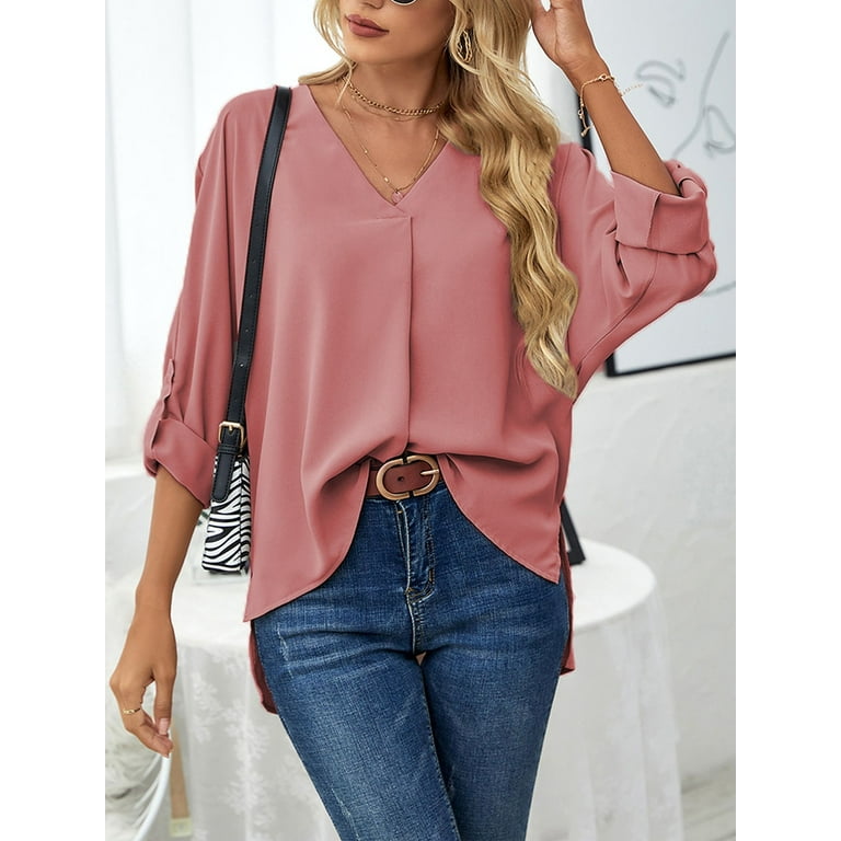 Gustave Women V Neck Chiffon Tops 3/4 Cuffed Sleeve Pleated Casual Shirts  Dressy Business Work Office Blouse Loose Flowy Fall Tunic Tops Pink, L