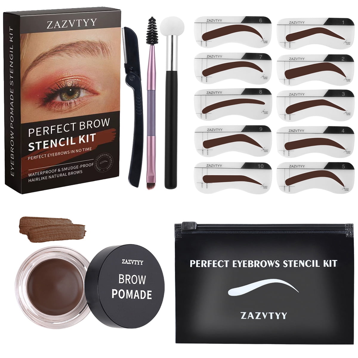 Eyebrow Stamp Stencil Kit Waterproof Eye Brow Stamping Set with 10