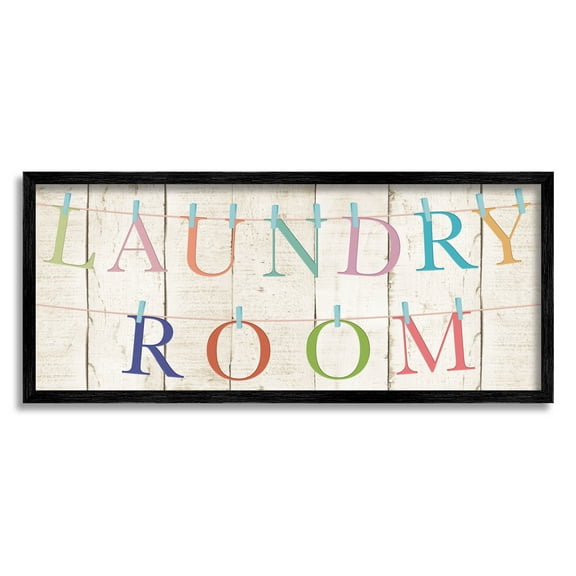 Laundry Room Clothespin Plank Pattern Typography Graphic Art Black Framed Art Print Wall Art