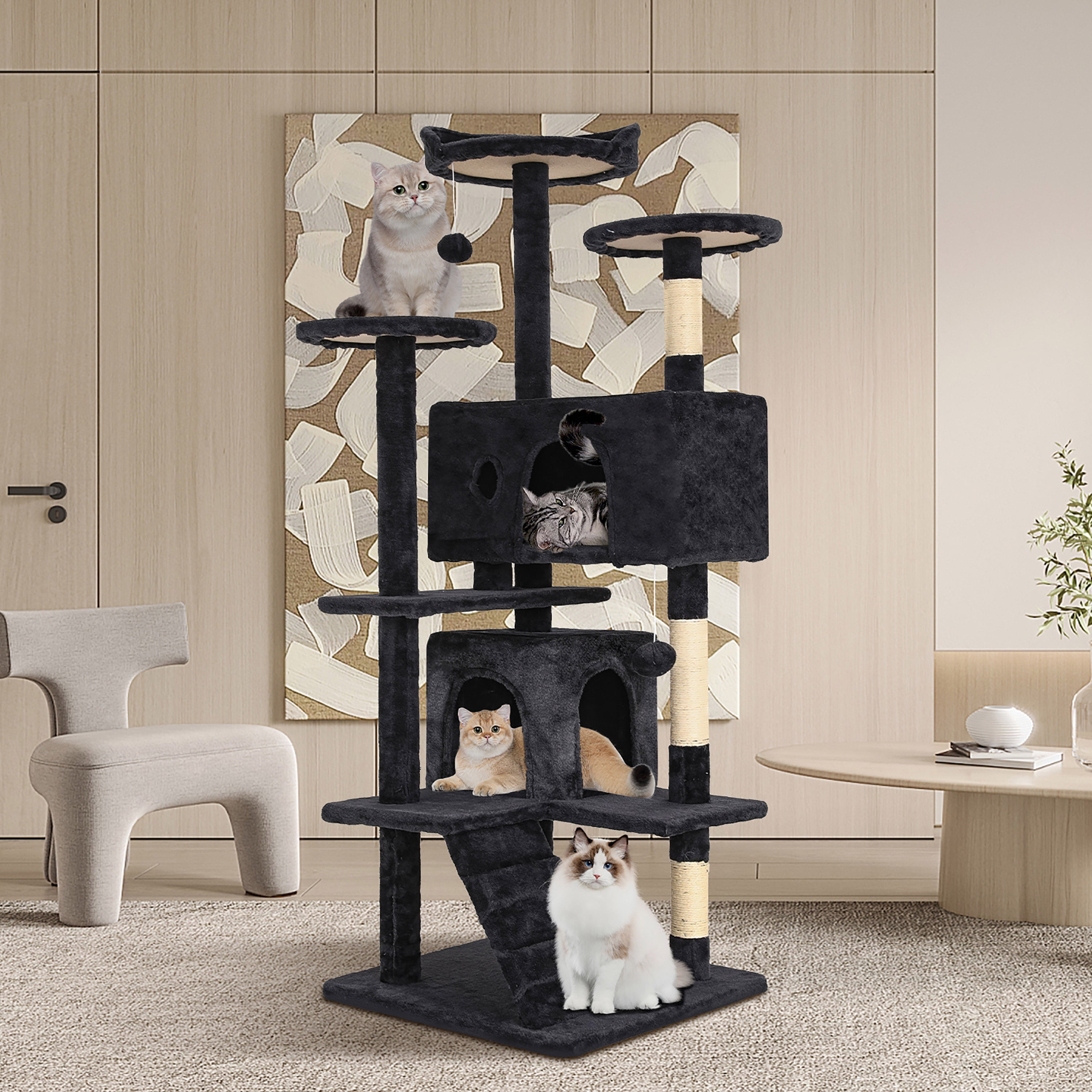 Tabby Indoor Upholstered Faux-Fur Wood Dark Gray Cat Condo Tree Tower for Pet Room