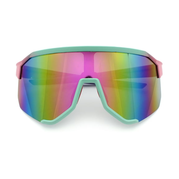 Oversized Geometric Bevel Cut Mono Shield Wrap Half Rim Sport Sunglasses [Mint Pink | Purple Mirror]