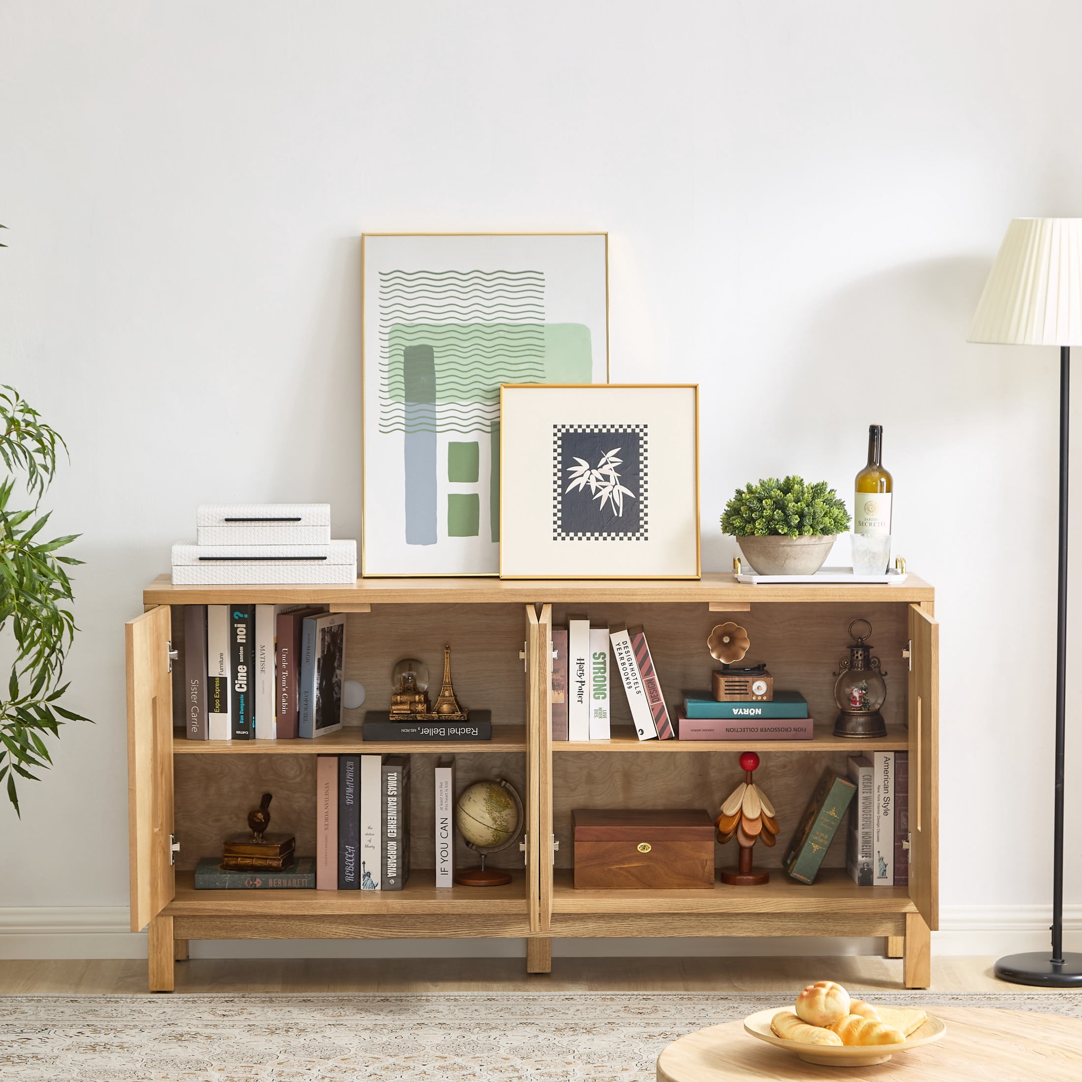 GDF Studio 60.7" Mid Century Modern Sideboard Cabinet with Doors, Adjustable Shelves, Carved Openwork, Natural
