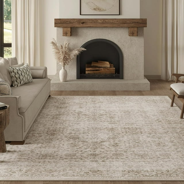 Alfombra de Área Lavable Beige Vintage Neutral Desgastada Grande Antideslizante para Sala de Estar Dormitorio Suave Pelo Bajo Tapete Interior Decorativa Retro