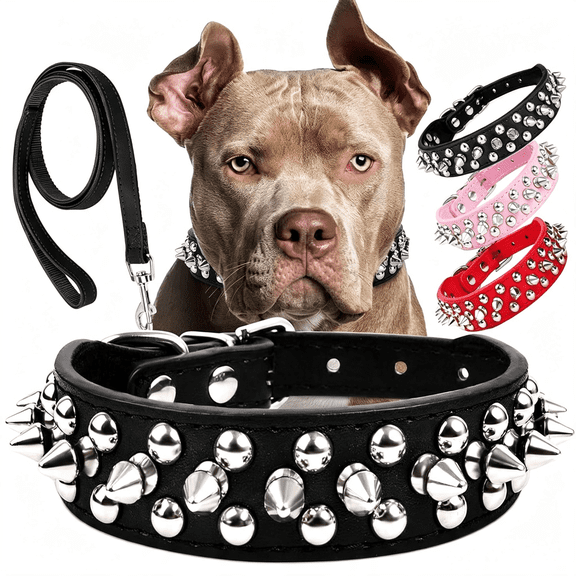 GASTROPOD Anti-Bite Spiked Studded Dog Collar and Leash Set 4Ft:Adjustable Pu Leather Dog Collars for Small Dogs&Cats, Heavy Duty, Metal ,Neck Protection,Punk Style, Black, S (10.5"-12.8")