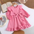 thumbnail image 5 of Girls Ruffle Dress Long Sleeve Crewneck Waist Belt Dress Kids Solid Color Casual Comfortable Outfits for Daily Wear Pink 9-10 Years, 5 of 7