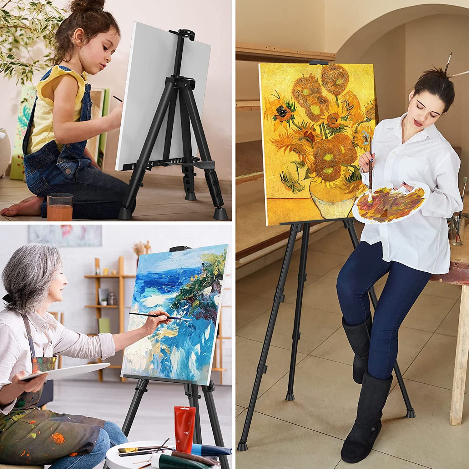 Art Painting Artist Easel Stand, Portable Adjustable Aluminum Metal Tripod Display with Bag, Height from 17 to 66 inch for Table-Top/Floor Drawing and Displaying, Black