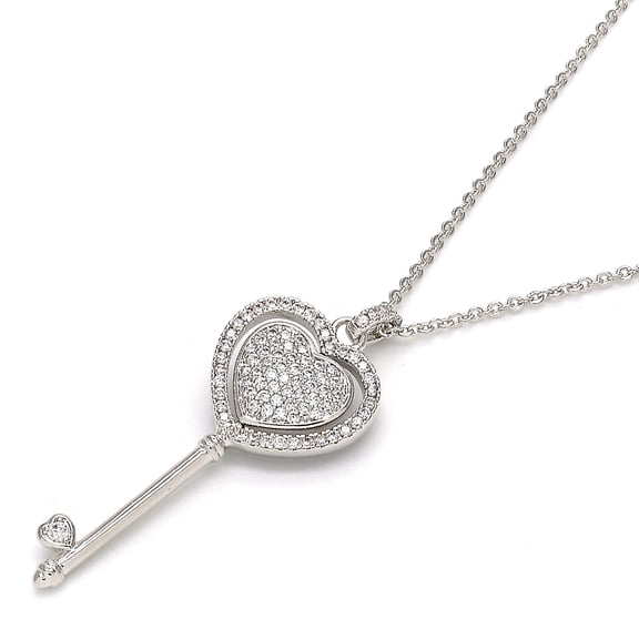 Sterling Silver Fancy Necklace, key and Heart Design, with  Crystals and Micro Pave, Rhodium Tone