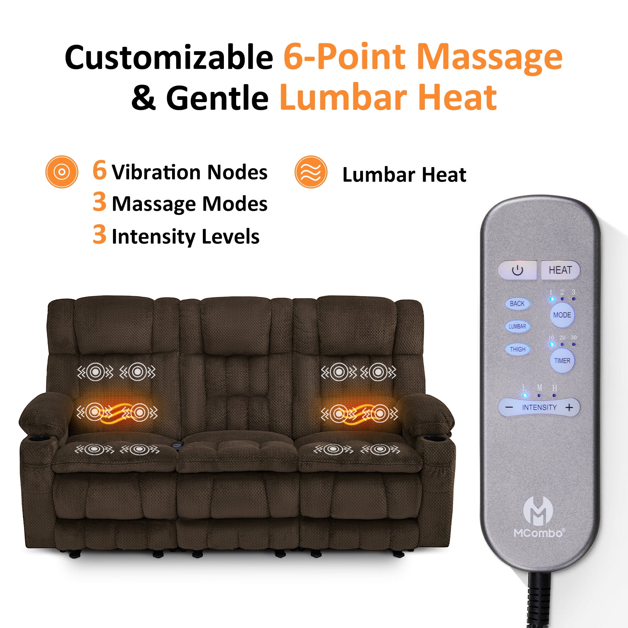 MCombo 80.7" 3 Seater Power Reclining Sofa Couch with Heat Vibration Massage for Living Room, Fabric, Brown