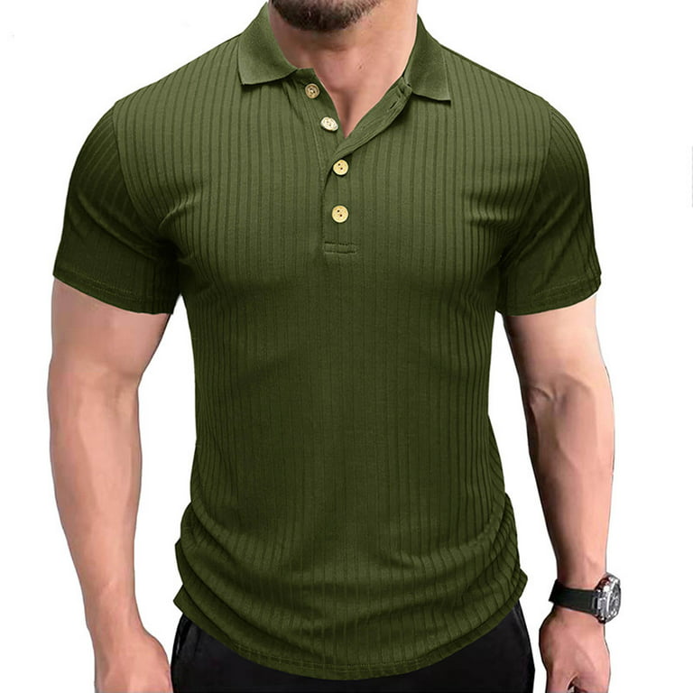 VSSSJ Fashion Shirts for Men Plus Size Casual Solid Color Pit Strip Short  Sleeve Button Collared Tops Breathable Soft Lounging T-Shirt Army Green XL
