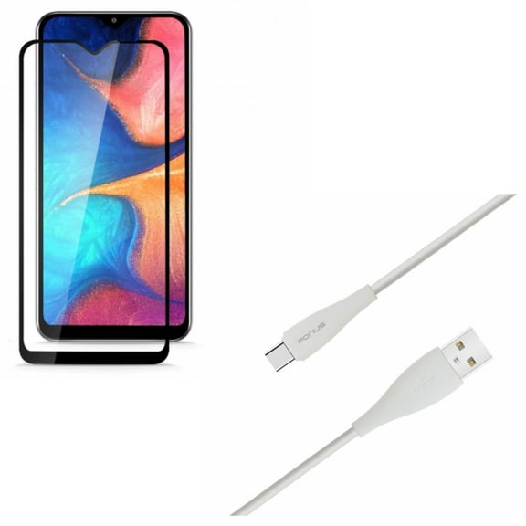 Galaxy A50/A20 Type-C 6ft USB Cable w Anti-Glare Screen Protector - Charger Cord Power Wire, Tempered Glass Matte Anti-Fingerprint for Samsung Galaxy A50/A20