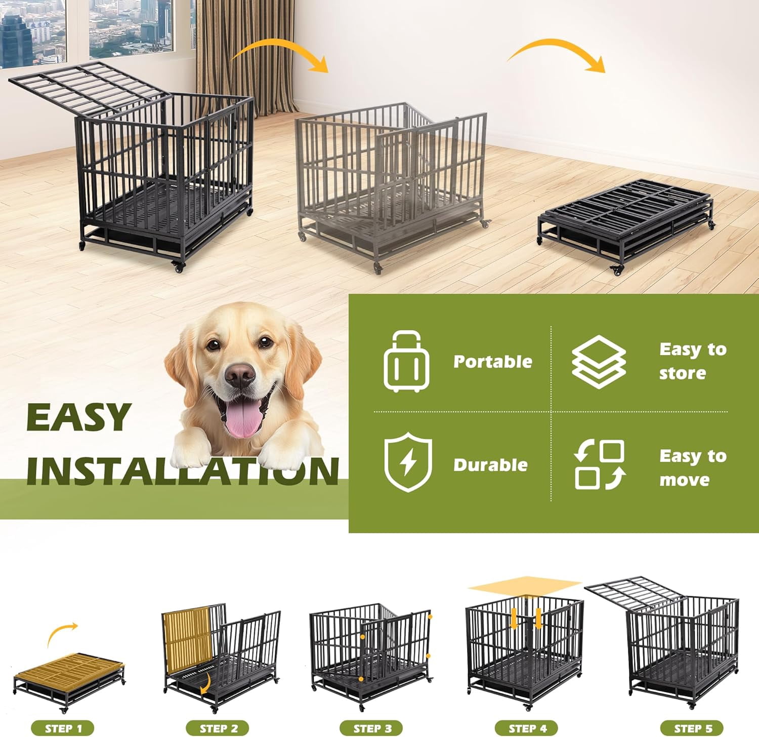 Haverchair Heavy Duty Indestructible Dog Crates for Large Dogs - 38 inch Folding Dog Kennel Extra Large Cage Crate, High Anxiety Dog Crate Indoor with Lockable Wheels, Double Door, Removable Tray