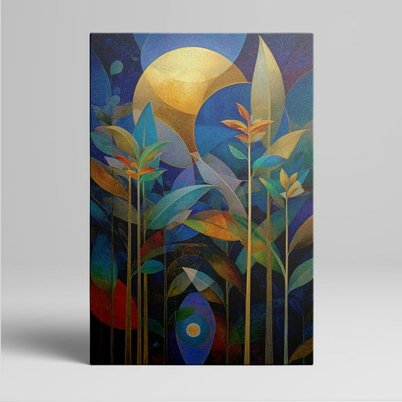 1pc Abstract Botanical Canvas Wall Art with Golden Moon and Colorful Leaves, Framed Decor room hanging Wall Picture Decor for Home Gifts, living room, bathroom, bedroom, kitchen wall art decor canvas