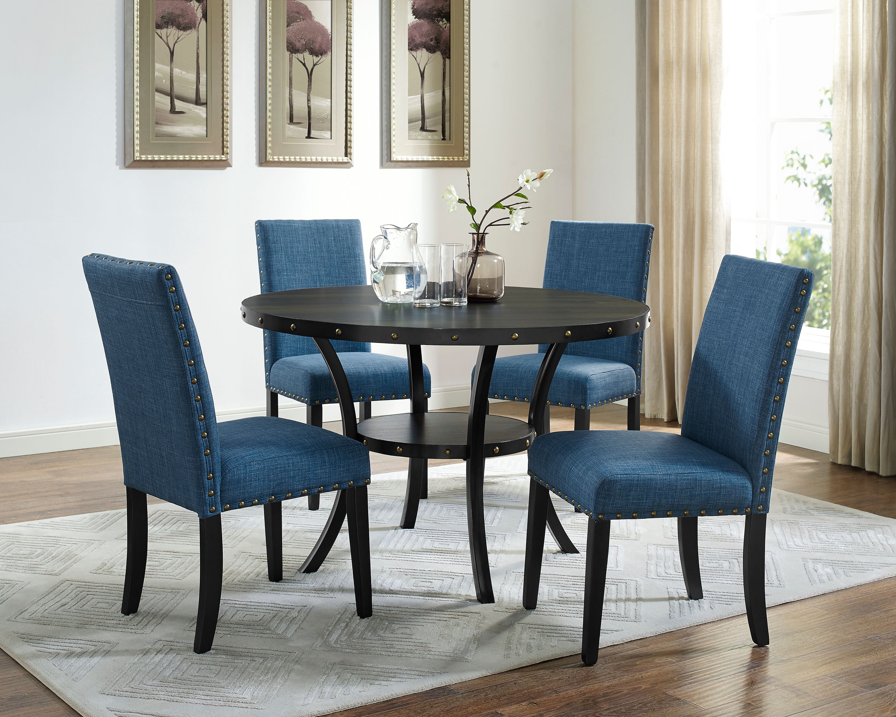 Blue and gold upholstered dining chair with nailhead trim - wide 6