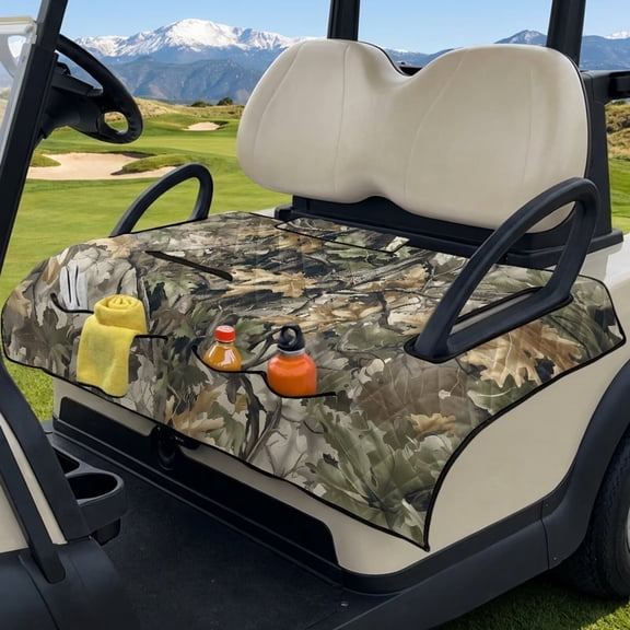 Xoenoiee Green Hunting Camo Print Golf Cart Seat Covers, Golf Cart Seat Towel Blanket with 4 Front Pockets & Nonskid Bottom Fits for EZGO and More 2 Person Seats Golf Carts