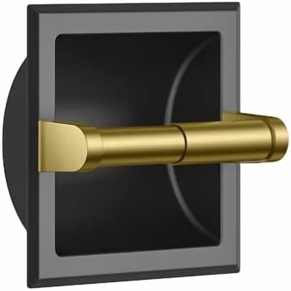 Recessed Toilet Paper Holder, Stainless Steel Durable Tissue Roll Holder Wall Mount for Bathroom Space Saving Design with Mounting Bracket, Wall Square Toilet Paper Dispenser, Black&Gold