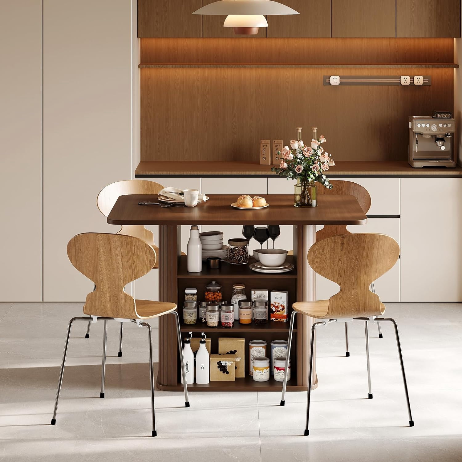 LAZZO 43.3" Dining Table for 4 People, Small Rectangular Kitchen Table with 3-Tier Storage Shelf, Walnut