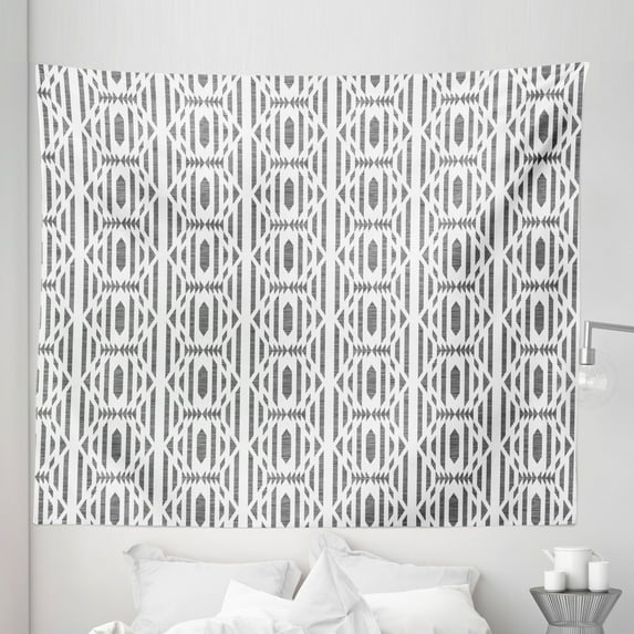 Grey Boho Tapestry, Monochrome Look Abstract Pattern of Modern Geometric Striped Shapes, Fabric Wall Hanging Decor for Bedroom Living Room Dorm, 5 Sizes, Charcoal Grey and White, by Ambesonne