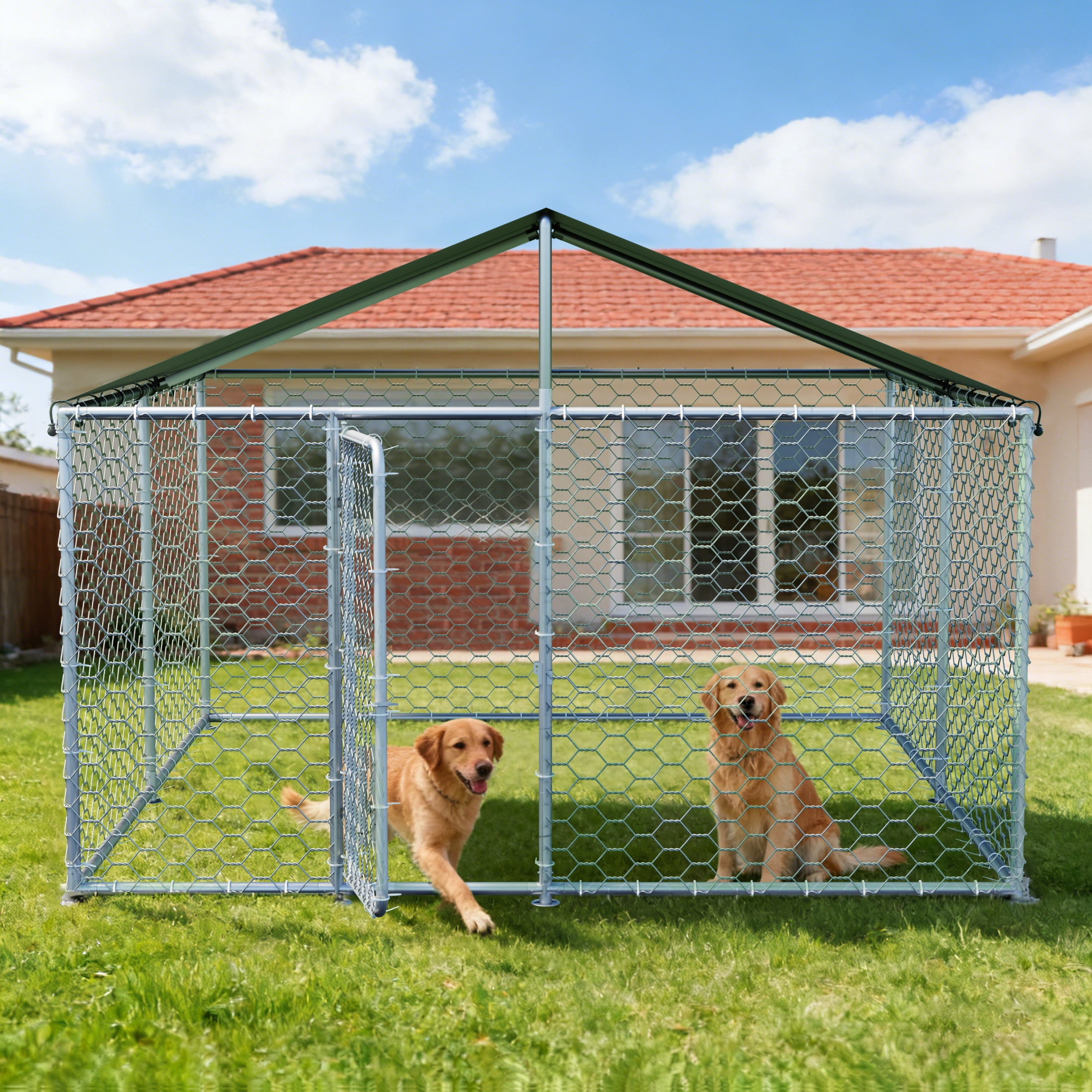 YOKWOK 10x10ft Outdoor Dog Kennel Heavy Duty Metal Dog Pet Enclosure, with Galvanized Steel Fence and Metal Gate, UV Waterproof Sun Resistant Roof Cover and Secure Lock