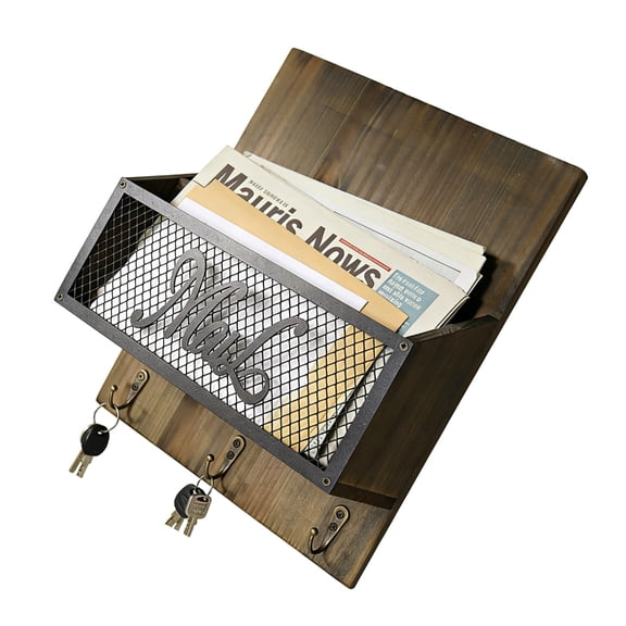 7829 Rustics Wooden Wall Mounted Mail Organizer With Hook For Keys And Letters