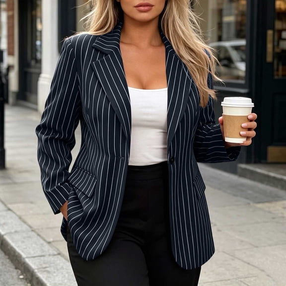 MOONDU Women's Blazer Pinstripe Striped Notched Lapel Single Breasted Button Front Long Sleeve with Pockets Business Casual Work Office Fall Winter Daily Wear