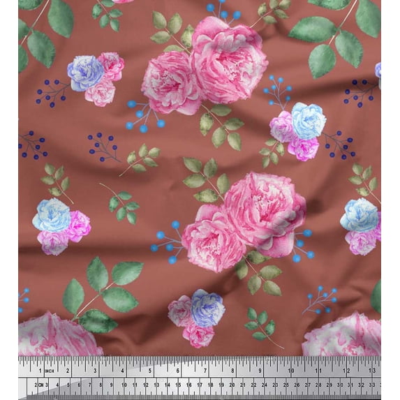 Soimoi Cotton Voile Fabric Berries,Leaves & Pink Flower Printed Fabric 1 Yard 56 Inch Wide