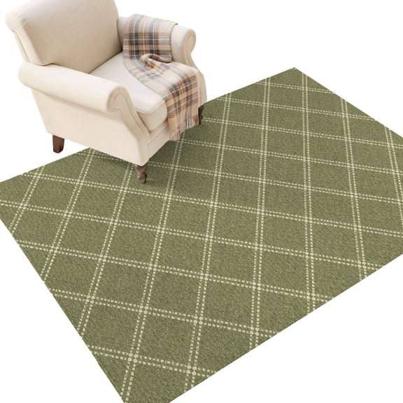 Green Diagonal Plaid Washable Area Rug 4 x 6 ft Modern Crosshatch Lines Argyle Geometric Soft Non‑Slip Rugs Stain Repellent Indoor Mats for Living‑Room, Guest Bedroom, Casual Dining Room