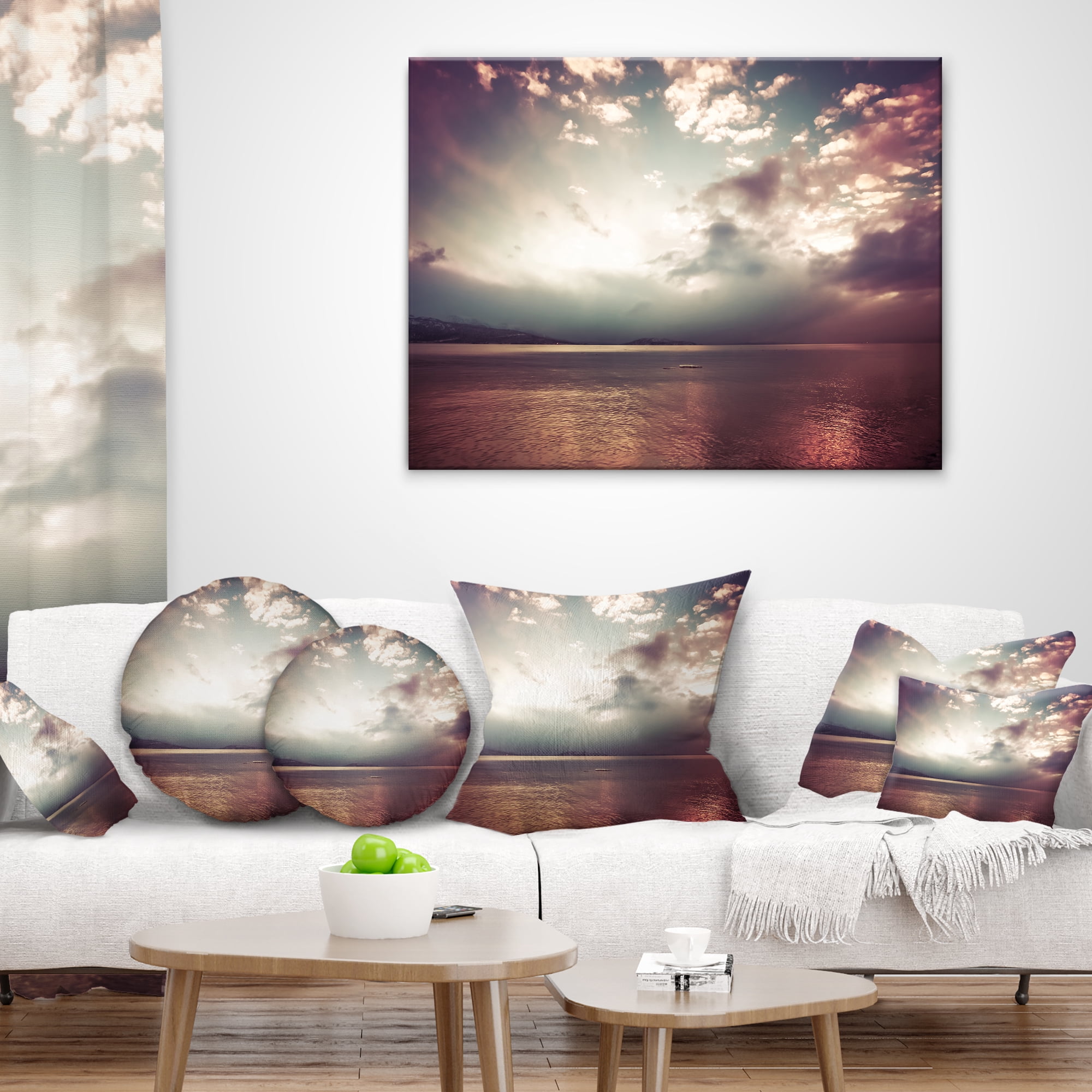 Designart Dark Sunset with Dramatic Sky - Seashore Throw Pillow - 16x16