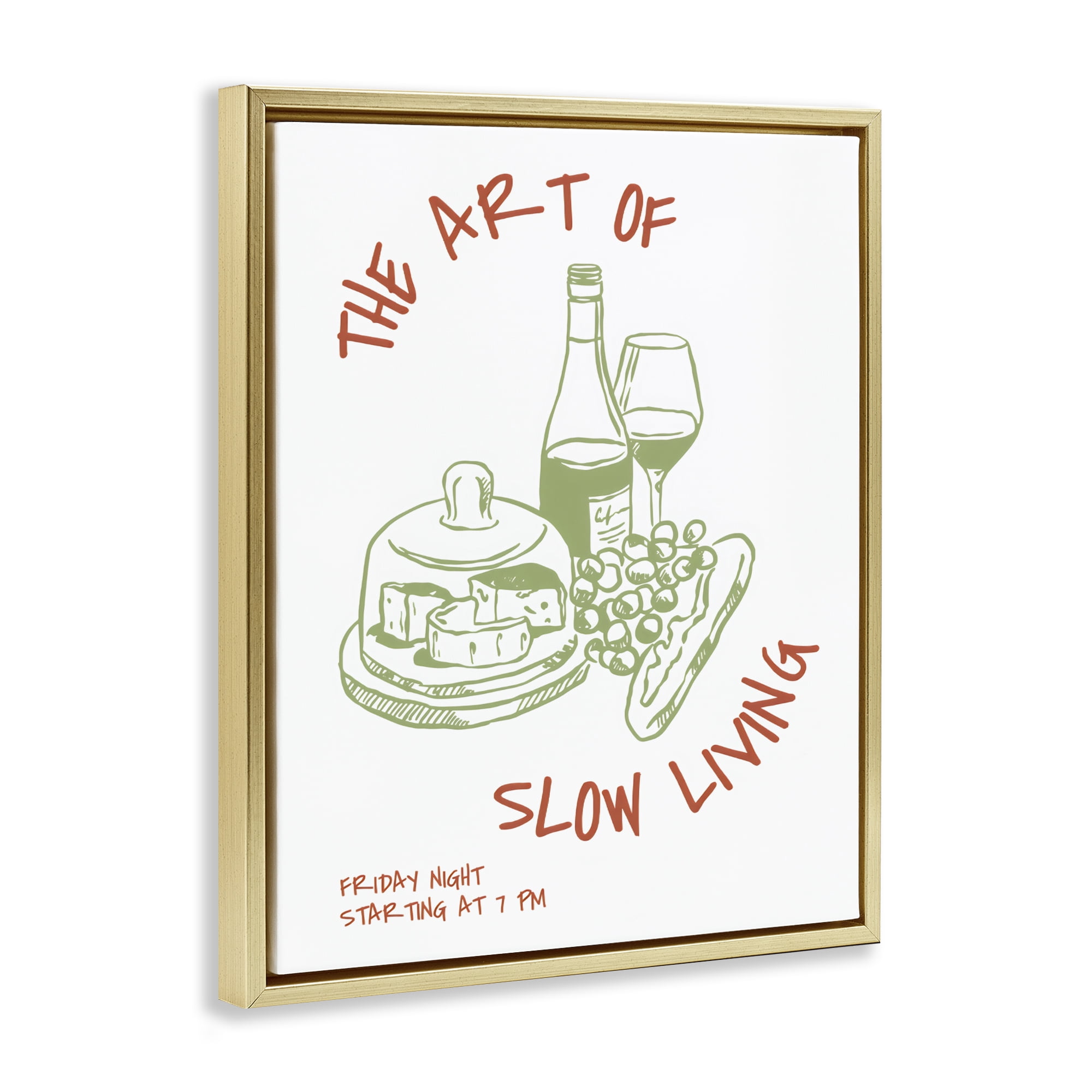 Stupell Industries Slow Living Wine & Cheese Gold Framed Floater Canvas Wall Art, design by The Prints Vibe