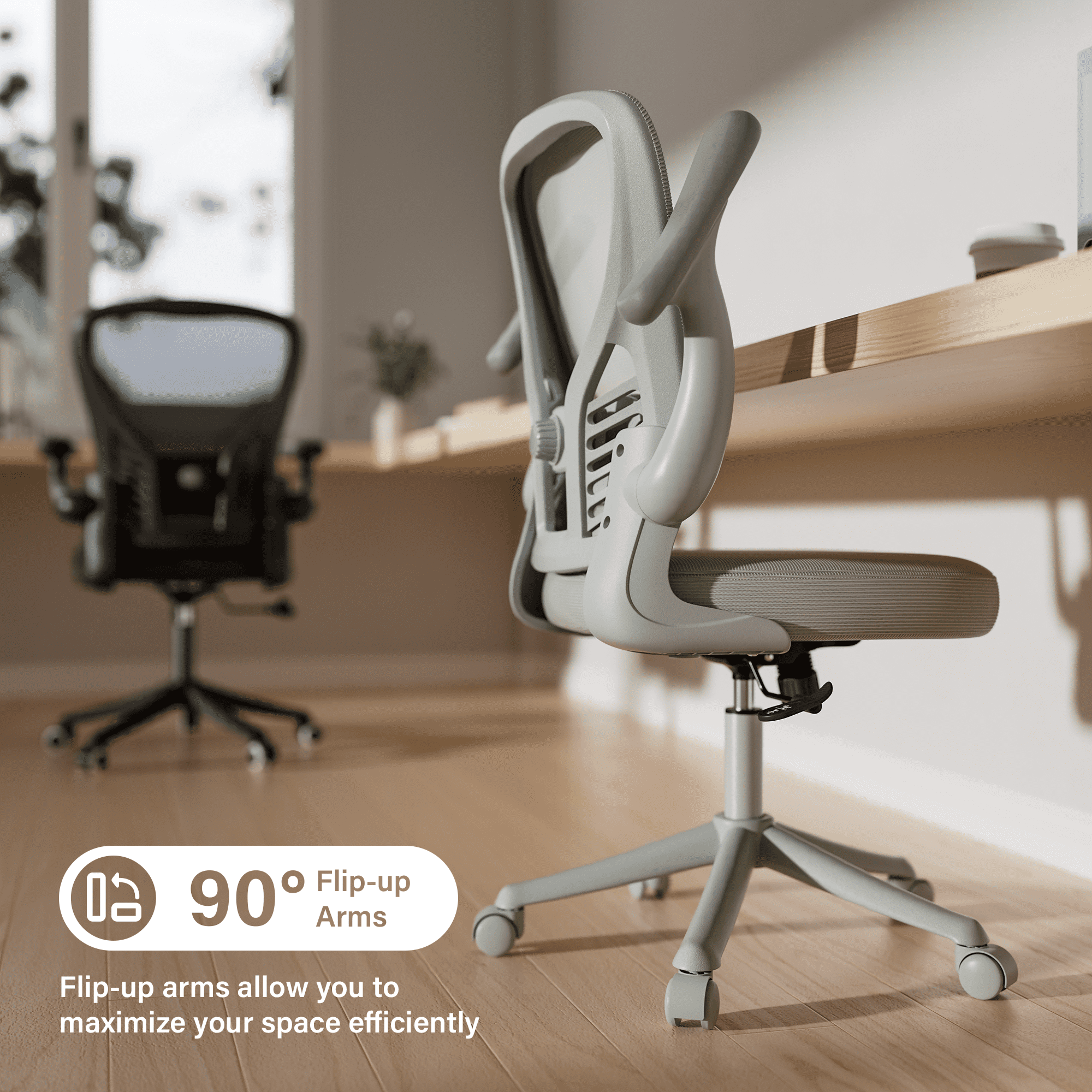 HomeZeer Ergonomic Office Chair, Home Desk Chair with Lumbar Support, Flip-up Arms Mesh Office Chair, Grey