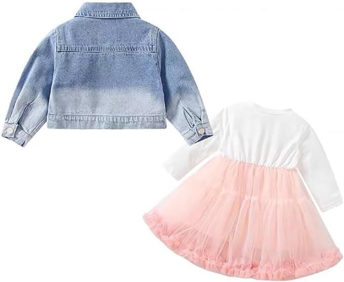 Peacolate 2-7Years Spring Autumn Little Big Girl 2pcs Dresses Clothing Sets Long Sleeve Dress and Strawberry Denim Jacket,Pink,2years