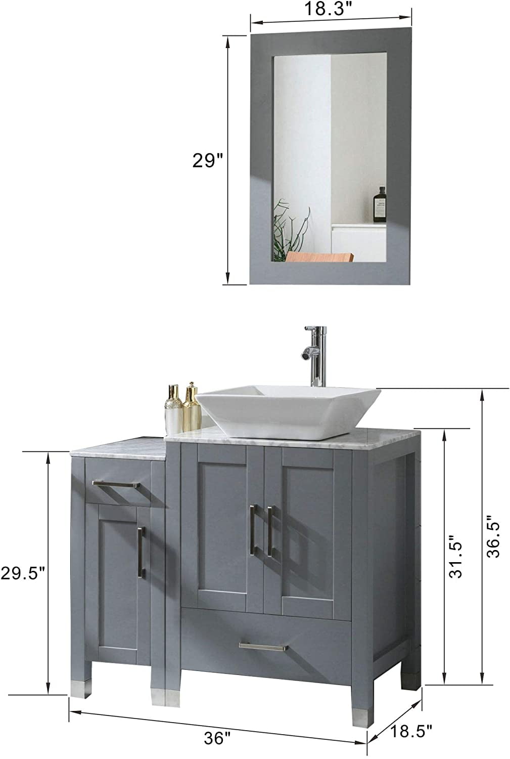 36" Bathroom Vanity Cabinet and Sink Combo Solid Wood Marble Top w/Mirror Faucet&Drain,Gray