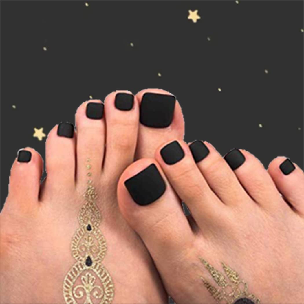 Black Press on Toenails Matte Fake Toenail Short Square False Toe Nails