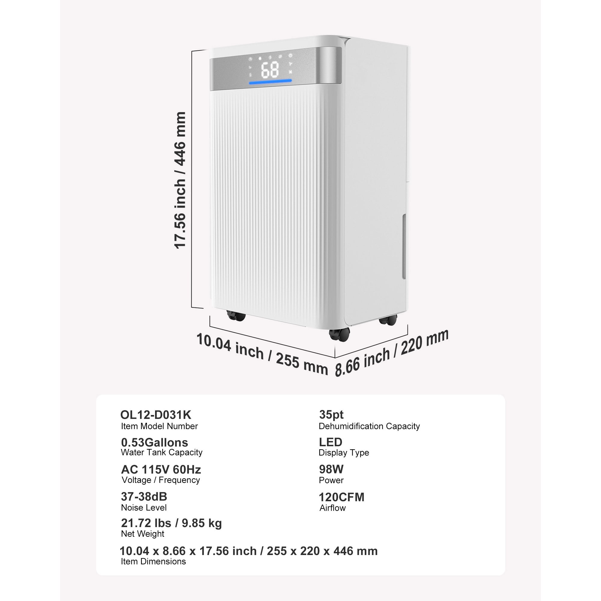KFFKFF 35-Pint Dehumidifier for Home and Basement, Includes Drain Hose for Versatile Use, Adjustable Humidity Settings, Quiet Operation for Spacious Areas, Bedrooms, Warehouses, and Storage, White